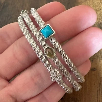 Judith Ripka Sterling Silver Roped Bangle Bracelets Gemstones Turquoise Peridot - Image 1 of 4