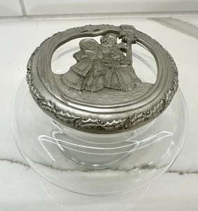 Fort Pewter Potpourri / Trinket Glass Lid Cover Jar Christmas Carolers VTG? - Picture 1 of 5