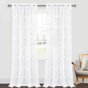 White Sheer Curtains with Embroidered Leaf Design - Faux Linen Semi Voile Cur... - Picture 1 of 6