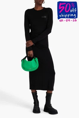 RRP€250 GANNI Midi Dress Size S Black Ruched Crew Neck Made in Portugal - Image 1 of 4
