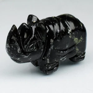💎 43.39ct Rhino Carving Natural Dark Green Serpentine - Africa Gemstone - Picture 1 of 7