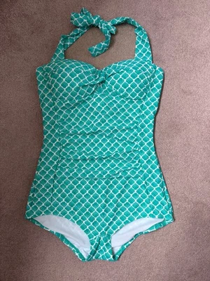 Boden Turquesa Blanco Estampado Geométrico Boyleg Halter Cuello Traje De Baño 10 8 Foto 1 de 4