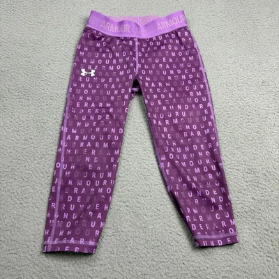 Under Armour Pants Youth Girls Medium Purple Spellout Print Leggings - Image 1 of 4