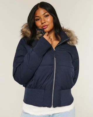 Hollister Women's Faux Fur Trim Puffer Bomber Jacket - Image 1 of 4