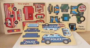 Wooden 3D Vehicles Jigsaw Puzzle - Police Tractor Fire - Set of 3 Kids NEW - Picture 1 of 4