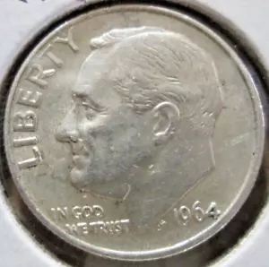 1964-P ROOSEVELT, 90% SILVER, AU/MS, DIE CHIP ERRORS NOSE & MOUTH, CIRCULATED - Picture 1 of 3