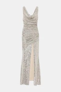 $395 Aidan Mattox Stretch Sequin Sleeveless Cowl Neck Gown | Champagne Silver 8 - Picture 1 of 21