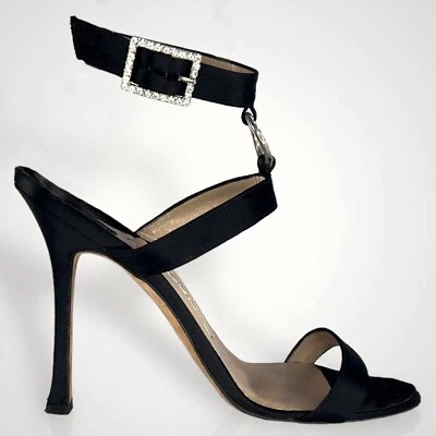 Manolo Blahnik Crystal Buckle & Ring Black Suede Open Toe Sandal Heel - Size 38 - Image 1 of 4
