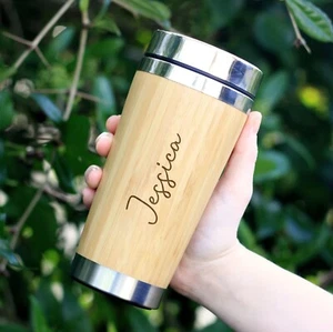 Personalised Wooden Travel Mug Eco Friendly 500ml Reusable Drinks Flask Thermal - Picture 1 of 8