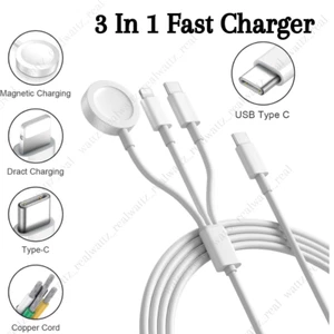 3 in 1 USB Cable For Apple Watch Charger 9/8/7/6/5/4/3/2/1 iPhone 16 15 14 13 12 - Picture 1 of 9