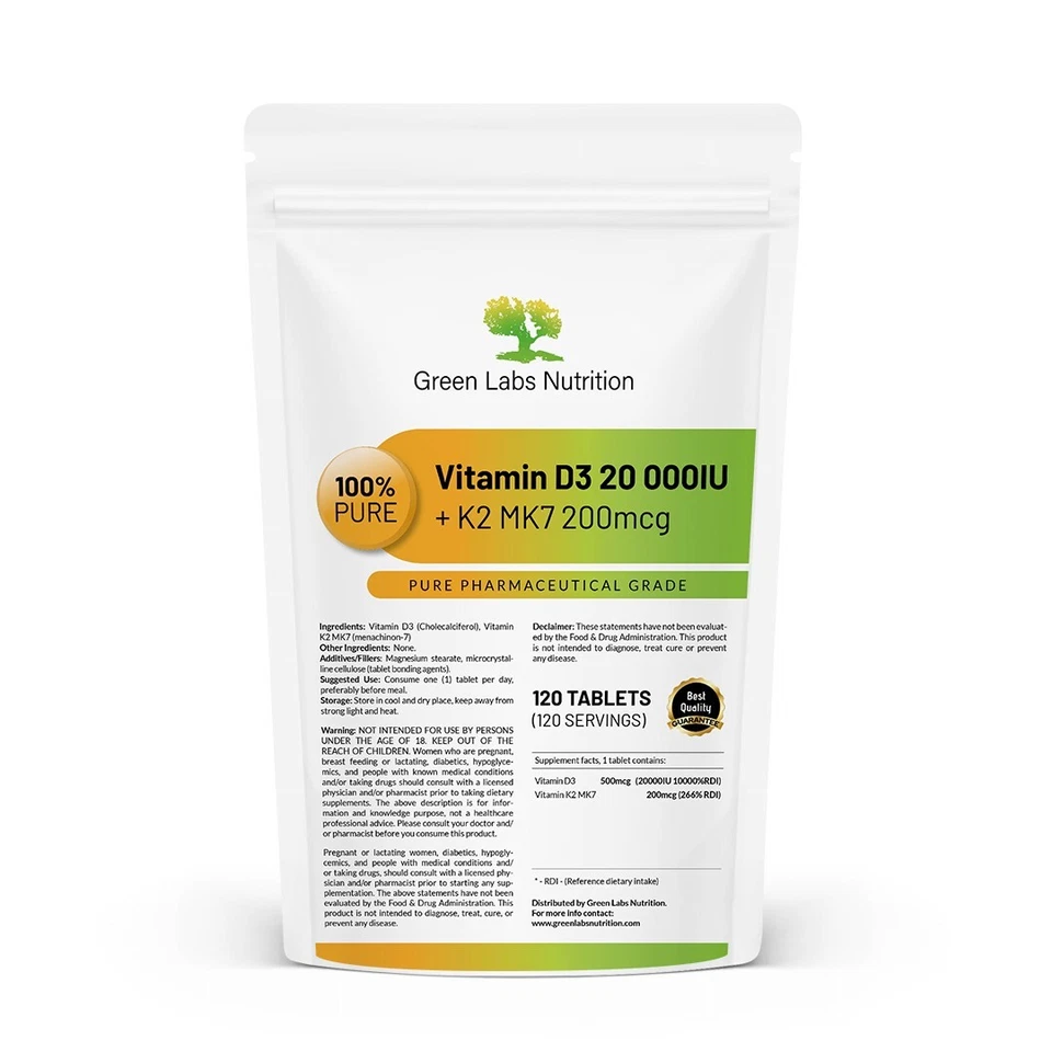 Vitamin D3 20,000 IU + K2 MK7 Tablets – High Strength, Immune & Bone Support - Image 1 of 4