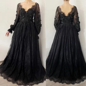 Plus Size Wedding Dresses Gothic Black Long Sleeves V-Neck A Line Bridal Gowns - Picture 1 of 12