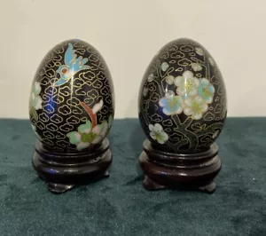 Two Antique Chinese Cloisonné Eggs With Chrysanthemum On Black With Gold Detail - Picture 1 of 9