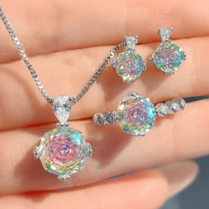 3pc Set Rose Cut Purple Green Mystic Topaz Gems Silver Charm Women Necklace Ring - Picture 1 of 6