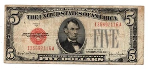 US $5.00 (Red Seal) U.S. Note - Series 1935F - Circulated - Picture 1 of 2