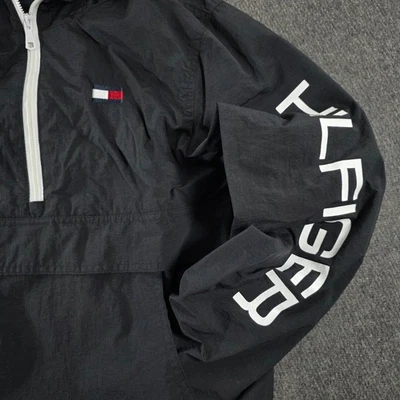 Tommy Hilfiger Black Nylon Hooded Anorak Jacket Logo Spellout Sleeve Size S - Image 1 of 4