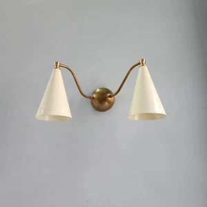 Double Cone Brass Wall Sconce – Mid-Century Modern Wall Light with Ivory Shades - Picture 1 of 10
