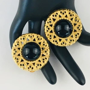 Clip On Earrings Large Round Muted Gold Tone Edge Black Glass Cabochon Center - Picture 1 of 5