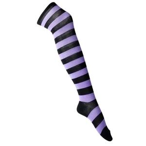 Striped Patterned Socks (Thigh High) Light Purple and Black - Picture 1 of 3