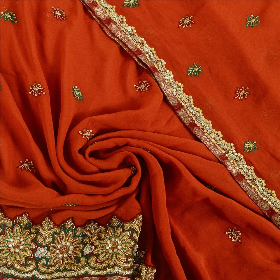 Sanskriti Vintage Dupatta Pure Georgette Silk Handmade Rusty Orange Party Stole - Image 1 of 4
