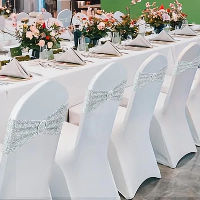 50x Fajas de silla de lentejuelas elásticas bandas de moño con hebilla boda banquete fiesta decoración Foto 1 de 4