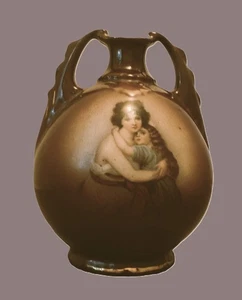 Antique Brown Glaze Portrait Vase, Lady and Her Daughter Long Ago, Austria - Picture 1 of 9