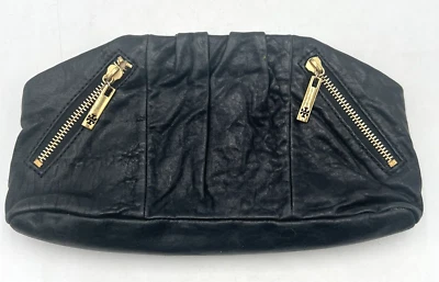 Tory Burch Black Leather and Gold Zippers Clutch Purse Bag With Mirror - Image 1 of 4