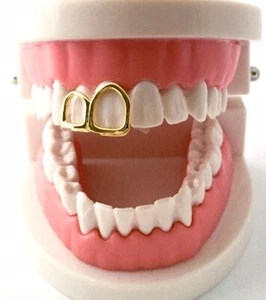 14K Gold Plated Upper Right Double 2 Tooth Teeth Open Face Grillz Top Front Cap - Picture 1 of 3