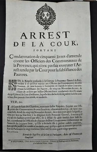 AFFICHE PLACARD 1694 Arrest de la Cour Subsistance des Pauvres Condamnation 50 L - Imagen 1 de 3