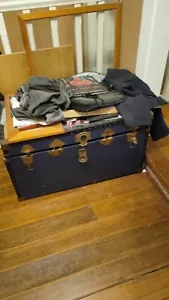 Vintage Large Travel Chest Trunk Metal Wood Blue Antique Flight Storage Steamer - Picture 1 of 10
