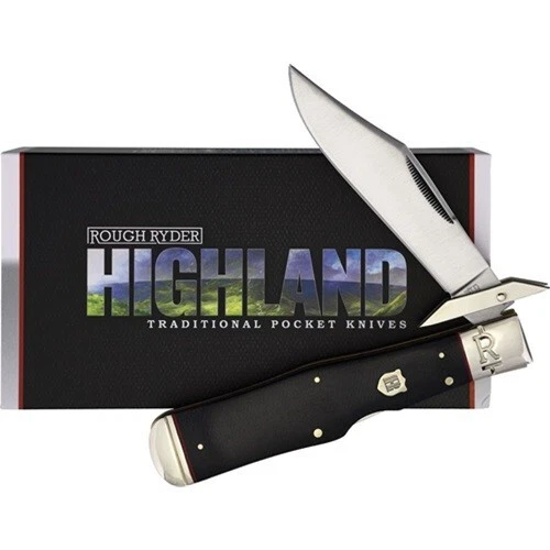 Faca Rough Rider Highland Swing Guard preta Micarta cabo clipe lâmina - Imagem 1 de 1