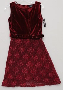ROYAL COUTURE GIRL'S DARK RED SPECIAL OCCASION DRESS KNEE LENGTH VELVET & LACE - Picture 1 of 8