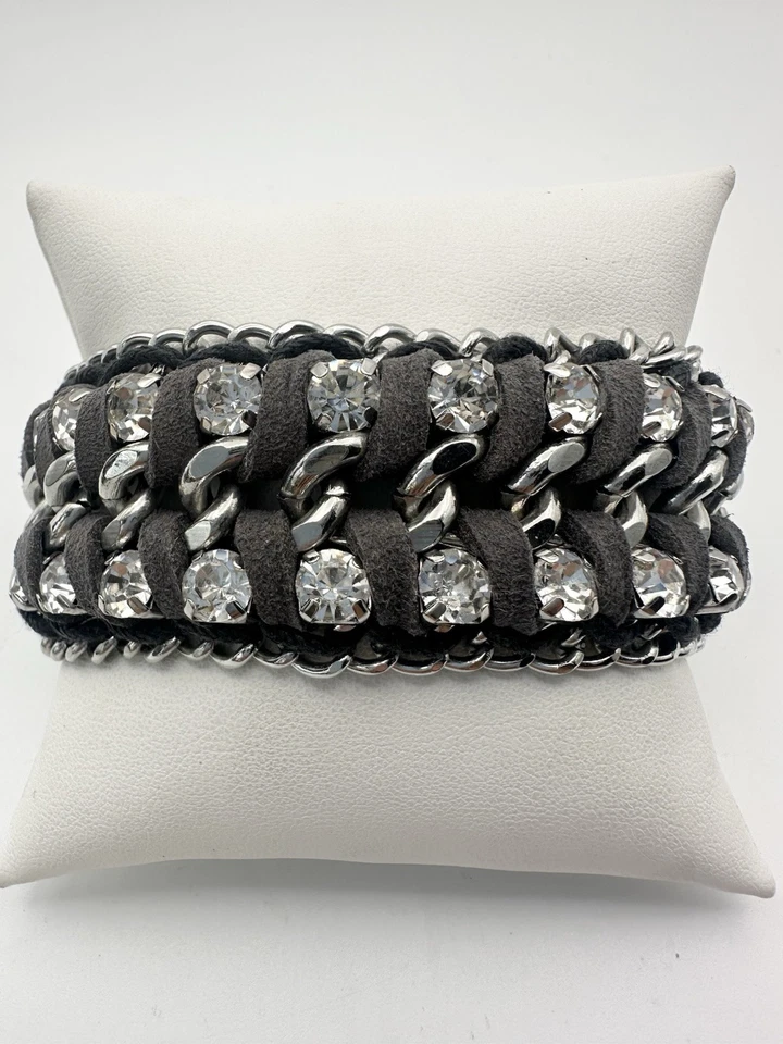 "Brazalete de tenis ancho con estrás Premier Designs tono plateado cordón 9"" ajustable" Foto 1 de 4