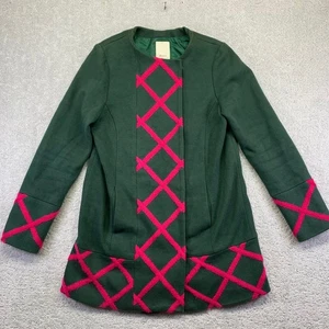 Elevenses Anthropologie Coat Womens 14 Green Pink Diamond Geometric Jacket - Picture 1 of 18