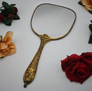 Handspiegel Messing Rosenstickerei Jugendstil Facettenschliff Vintage Vanity - Picture 1 of 13