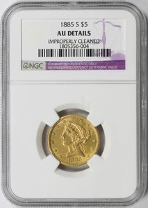 1885-S $5 Liberty Gold Half Eagle NGC AU Details Improperly Cleaned - Picture 1 of 4