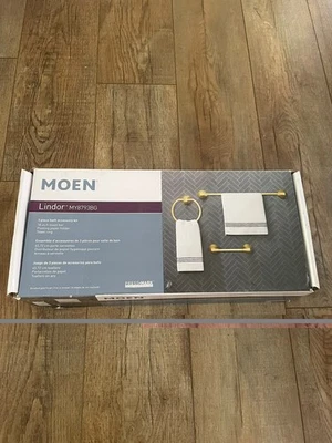 Juego de baño Moen Lindor oro cepillado barra de toallas anillo de papel nuevo caja abierta Foto 1 de 4