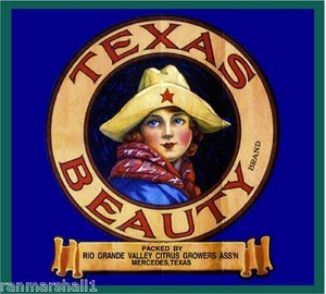 Impresión artística vintage etiqueta caja cítricos naranja belleza Mercedes Texas - Imagen 1 de 1