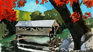 Bump Covered Bridge, NH. Autumn landscape. Peter M. Mason watercolor art prints - Picture 1 of 1
