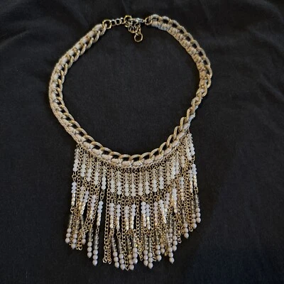 Anthropologie Bib Necklace Grey And Gold Beaded 16” - Image 1 of 3