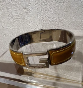 Gucci Leather Steal G Mark Bangle Yellow 18cm 7" Used Japan Authentic - Picture 1 of 24