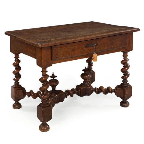 French Louis XIV Antique Walnut Writing Table on Barley Twist Legs Cover