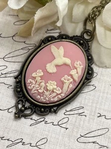 Pink Bronze Hummingbird Necklace Pendant Cameo Easter Daughter Birthday wedding - Picture 1 of 14
