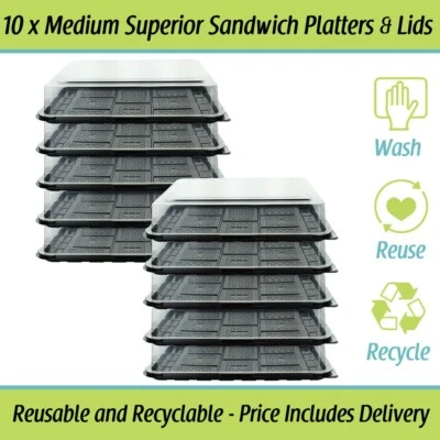 DELISUPPLIES Medium Sandwich Platters Catering Cake Buffet Party Platter 10 x Trays with Lids
