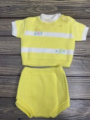 Conjunto de suéter tejido amarillo ropa bebé bebé hilado suave vintage talla 0-3 Mos Foto 1 de 4