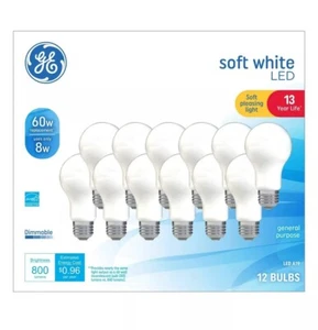 GE LED 60W Soft White General Purpose A19 Light Bulbs, 13 Year Life, 12 PK -NEW - Picture 1 of 1
