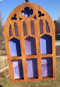 AS-IS SALE - Handmade USA Solid Oak & Stained Glass Gothic Church Window Panel - Picture 1 of 8