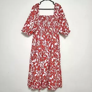 NEW 100 Cotton Kings Road tropical Floral Square Neck Tiered dress L Cottagecore - Picture 1 of 9