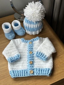 BABY BOY SET CARDIGAN BEANIE HAT BOOTEES CROCHET HANDMADE 0 TO 3 SPECIAL GIFT - Picture 1 of 5