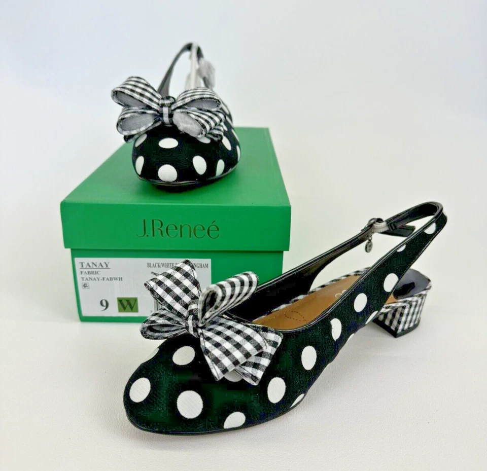 J. Renee Tanay Fabric Women's Shoes Size 9W Black White Polka Gingham New In Box - Image 1 of 4